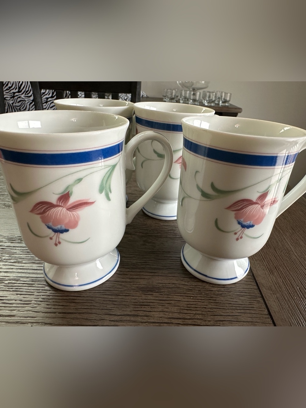 Princess House White Footed Mug with Blue Band and Pink Floral Accent set of 4.